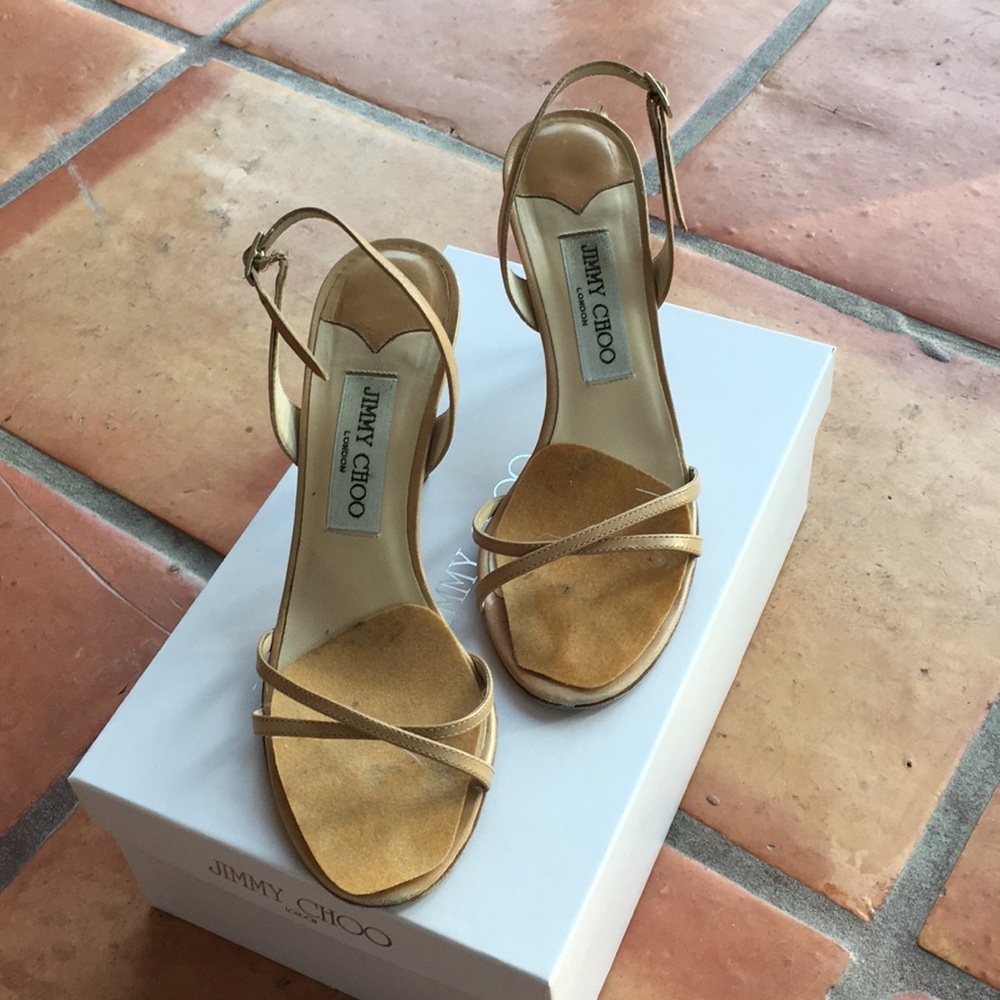 Jimmy Choo tan, heeled sandals